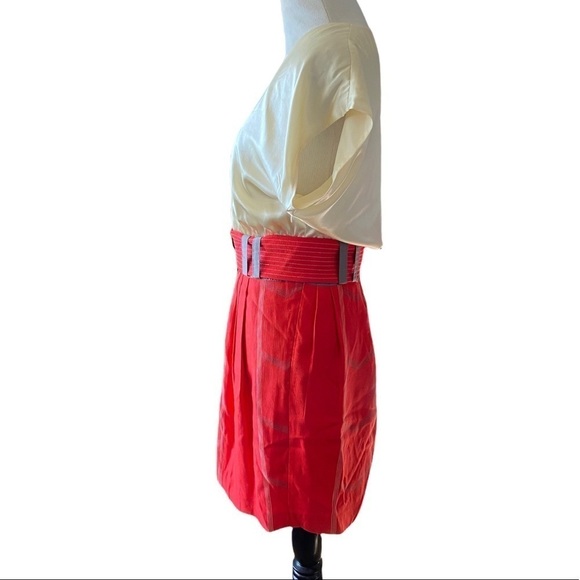 Lauren Moffatt - Red & Cream Silk Belted Dress Sz 4 - Picture 4 of 5